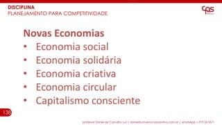 138
professor Daniel de Carvalho Luz | daniel@universocorporativo.com.br | whatsApp 15 9 9126 5571
Novas Economias
• Economia social
• Economia solidária
• Economia criativa
• Economia circular
• Capitalismo consciente
DISCIPLINA
PLANEJAMENTO PARA COMPETITIVIDADE
 