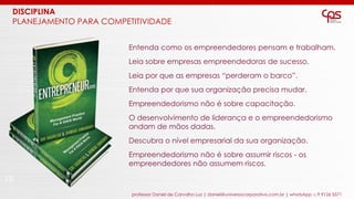 18
professor Daniel de Carvalho Luz | daniel@universocorporativo.com.br | whatsApp 15 9 9126 5571
Entenda como os empreendedores pensam e trabalham.
Leia sobre empresas empreendedoras de sucesso.
Leia por que as empresas “perderam o barco”.
Entenda por que sua organização precisa mudar.
Empreendedorismo não é sobre capacitação.
O desenvolvimento de liderança e o empreendedorismo
andam de mãos dadas.
Descubra o nível empresarial da sua organização.
Empreendedorismo não é sobre assumir riscos - os
empreendedores não assumem riscos.
DISCIPLINA
PLANEJAMENTO PARA COMPETITIVIDADE
 