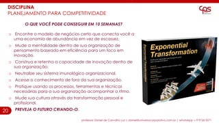 20
O QUE VOCÊ PODE CONSEGUIR EM 10 SEMANAS?
o Encontre o modelo de negócios certo que conecta você a
uma economia de abundância em vez de escassez.
o Mude a mentalidade dentro de sua organização de
pensamento baseado em eficiência para um foco em
inovação.
o Construa e retenha a capacidade de inovação dentro de
sua organização.
o Neutralize seu sistema imunológico organizacional.
o Acesse o conhecimento de fora da sua organização.
o Pratique usando os processos, ferramentas e técnicas
necessárias para a sua organização acompanhar o ritmo.
o Mude sua cultura através da transformação pessoal e
profissional.
o PREVEJA O FUTURO CRIANDO-O.
professor Daniel de Carvalho Luz | daniel@universocorporativo.com.br | whatsApp 15 9 9126 5571
DISCIPLINA
PLANEJAMENTO PARA COMPETITIVIDADE
 