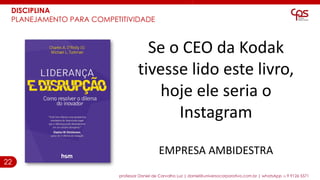 Se o CEO da Kodak
tivesse lido este livro,
hoje ele seria o
Instagram
EMPRESA AMBIDESTRA
22
professor Daniel de Carvalho Luz | daniel@universocorporativo.com.br | whatsApp 15 9 9126 5571
DISCIPLINA
PLANEJAMENTO PARA COMPETITIVIDADE
 