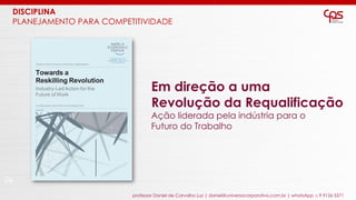 26
professor Daniel de Carvalho Luz | daniel@universocorporativo.com.br | whatsApp 15 9 9126 5571
Em direção a uma
Revolução da Requalificação
Ação liderada pela indústria para o
Futuro do Trabalho
DISCIPLINA
PLANEJAMENTO PARA COMPETITIVIDADE
 