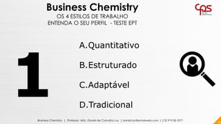 74Business Chemistry | Professor MSc. Daniel de Carvalho Luz | daniel.luz@emaisweb.com | (15) 9 9126 5571
Business Chemistry
OS 4 ESTILOS DE TRABALHO
ENTENDA O SEU PERFIL - TESTE EPT
A.Quantitativo
B.Estruturado
C.Adaptável
D.Tradicional
 