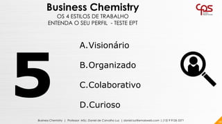 78Business Chemistry | Professor MSc. Daniel de Carvalho Luz | daniel.luz@emaisweb.com | (15) 9 9126 5571
Business Chemistry
OS 4 ESTILOS DE TRABALHO
ENTENDA O SEU PERFIL - TESTE EPT
A.Visionário
B.Organizado
C.Colaborativo
D.Curioso
 