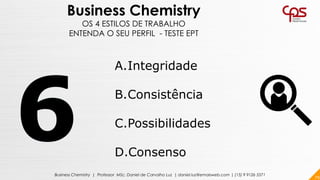 79Business Chemistry | Professor MSc. Daniel de Carvalho Luz | daniel.luz@emaisweb.com | (15) 9 9126 5571
Business Chemistry
OS 4 ESTILOS DE TRABALHO
ENTENDA O SEU PERFIL - TESTE EPT
A.Integridade
B.Consistência
C.Possibilidades
D.Consenso
 