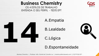 87Business Chemistry | Professor MSc. Daniel de Carvalho Luz | daniel.luz@emaisweb.com | (15) 9 9126 5571
Business Chemistry
OS 4 ESTILOS DE TRABALHO
ENTENDA O SEU PERFIL - TESTE EPT
A.Empatia
B.Lealdade
C.Lógica
D.Espontaneidade
 