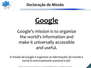 Google
Google’s mission is to organize
the world‘s information and
make it universally accessible
and useful.
Declaração de Missão
A missão do Google é organizar as informações do mundo e
torná-la universalmente acessível e útil.
53Professor MSc. Daniel de Carvalho Luz | daniel.luz2020@hotmail.com | Mobile 15 9 9126 5571
 