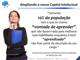 “Somente
10% da população
tem o que se chama
“vontade de aprender”.
90% não fazem nada para melhorar
suas habilidades enquanto o item
“aprendizado”
não fizer parte da descrição do seu
cargo.”
Estudo feito pela Harvard Business School publicado
em Março de 2007.
Agregando Valor em Tecnologia através de Pessoas.
Ampliando o nosso Capital Intelectual
Professor MSc. Daniel de Carvalho Luz | daniel.luz2020@hotmail.com | Mobile 15 9 9126 5571 10
 