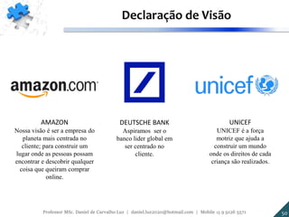 DEUTSCHE BANK
Aspiramos ser o
banco lider global em
ser centrado no
cliente.
AMAZON
Nossa visão é ser a empresa do
planeta mais centrada no
cliente; para construir um
lugar onde as pessoas possam
encontrar e descobrir qualquer
coisa que queiram comprar
online.
UNICEF
UNICEF é a força
motriz que ajuda a
construir um mundo
onde os direitos de cada
criança são realizados.
Declaração de Visão
50Professor MSc. Daniel de Carvalho Luz | daniel.luz2020@hotmail.com | Mobile 15 9 9126 5571
 