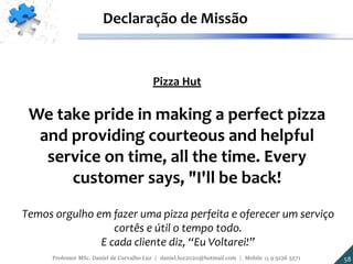 Pizza Hut
We take pride in making a perfect pizza
and providing courteous and helpful
service on time, all the time. Every
customer says, "I'll be back!
Declaração de Missão
Temos orgulho em fazer uma pizza perfeita e oferecer um serviço
cortês e útil o tempo todo.
E cada cliente diz, “Eu Voltarei!”
58Professor MSc. Daniel de Carvalho Luz | daniel.luz2020@hotmail.com | Mobile 15 9 9126 5571
 