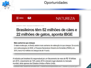 A indústria pet brasileira foi responsável por um faturamento de mais de R$ 18 bilhões
em 2015, crescimento de 7,6% sobre 2014 e terceiro lugar absoluto no mercado
mundial, atrás apenas dos Estados Unidos e Reino Unido.
78Professor MSc. Daniel de Carvalho Luz | daniel.luz2020@hotmail.com | Mobile 15 9 9126 5571
Oportunidades
 