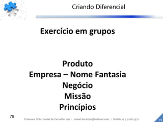 79
Exercício em grupos
Produto
Empresa – Nome Fantasia
Negócio
Missão
Princípios
Criando Diferencial
79Professor MSc. Daniel de Carvalho Luz | daniel.luz2020@hotmail.com | Mobile 15 9 9126 5571
 