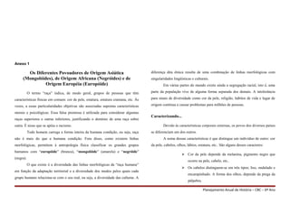 Anexo 1
Os Diferentes Povoadores de Origem Asiática
(Mongolóides), de Origem Africana (Negróides) e de
Origem Européia (Europóide)
O termo “raça” indica, de modo geral, grupos de pessoas que têm
características físicas em comum: cor de pele, estatura, estatura craniana, etc. Às
vezes, a essas particularidades objetivas são associadas supostas características
morais e psicológicas. Essa falsa premissa é utilizada para considerar algumas
raças superiores e outras inferiores, justificando o domínio de uma raça sobre
outra. É nisso que se apóia o racismo.
Todo homem carrega a forma inteira da humana condição, ou seja, raça
não é mais do que a humana condição. Fora disso, como existem linhas
morfológicas, permitem à antropologia física classificar os grandes grupos
humanos com “europóide” (branca), “mongolóide” (amarela) e “negróide”
(negra).
O que existe é a diversidade das linhas morfológicas da “raça humana”
em função da adaptação territorial e a diversidade dos modos pelos quais cada
grupo humano relaciona-se com o seu real, ou seja, a diversidade das culturas. A
diferença dita étnica resulta de uma combinação de linhas morfológicas com
singularidades lingüísticas e culturais.
Em várias partes do mundo existe ainda a segregação racial, isto é, uma
parte da população vive de alguma forma separada dos demais. A intolerância
para sinais de diversidade como cor da pele, religião, hábitos de vida e lugar de
origem contínua a causar problemas para milhões de pessoas.
Caracterizando...
Devido às características corporais externas, os povos dos diversos países
se diferenciam um dos outros.
A soma dessas características é que distingue um indivíduo de outro: cor
da pele, cabelos, olhos, lábios, estatura, etc.. São alguns desses caracteres:
 Cor da pele depende da melanina, pigmento negro que
ocorre na pele, cabelo, etc..
 Os cabelos distinguem-se em três tipos; liso, ondulado e
encarapinhado. A forma dos olhos, depende da prega da
pálpebra.
Planejamento Anual de História – CBC – 6º Ano
 
