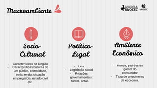Macroambiente
- Características da Região
- Características básicas de
um público, como idade,
etnia, renda, situação
empregatícia, estado civil
etc.
Socio-
Cultural
- Renda, padrões de
gastos do
consumidor
- Taxa de crescimento
da economia.
Ambiente
Econômico
- Leis
- Legislação social
- Relações
governamentais:
tarifas, cotas…
Político-
Legal
 