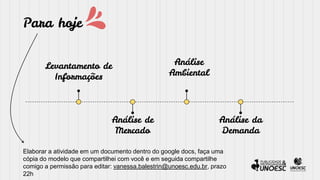 Para hoje
Levantamento de
Informações
Análise de
Mercado
Análise
Ambiental
Análise da
Demanda
Elaborar a atividade em um documento dentro do google docs, faça uma
cópia do modelo que compartilhei com você e em seguida compartilhe
comigo a permissão para editar: vanessa.balestrin@unoesc.edu.br, prazo
22h
 