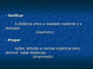 - Verificar A distância entre a realidade existente e a desejada (diagnóstico) - Propor Ações, atitudes e normas orgânicas para diminuir  estas distâncias. (programação)  