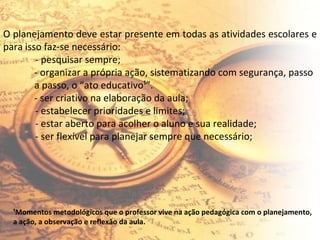 O planejamento deve estar presente em todas as atividades escolares e para isso faz-se necessário: - pesquisar sempre; - organizar a própria ação, sistematizando com segurança, passo a passo, o “ato educativo¹”. - ser criativo na elaboração da aula; - estabelecer prioridades e limites; - estar aberto para acolher o aluno e sua realidade; - ser flexível para planejar sempre que necessário; ¹Momentos metodológicos que o professor vive na ação pedagógica com o planejamento, a ação, a observação e reflexão da aula. 