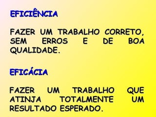 EFICIÊNCIA

FAZER UM TRABALHO CORRETO,
SEM   ERROS   E   DE   BOA
QUALIDADE.

EFICÁCIA

FAZER  UM    TRABALHO   QUE
ATINJA    TOTALMENTE     UM
RESULTADO ESPERADO.
 