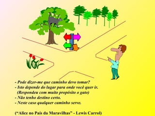 - Pode dizer-me que caminho devo tomar?
- Isto depende do lugar para onde você quer ir.
  (Respondeu com muito propósito o gato)
- Não tenho destino certo.
- Neste caso qualquer caminho serve.

(“Alice no País da Maravilhas” - Lewis Carrol)
 