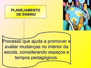 PLANEJAMENTO
      DE ENSINO




Processo que ajuda a promover e
 avaliar mudanças no interior da
 escola, considerando espaços e
      tempos pedagógicos.
 