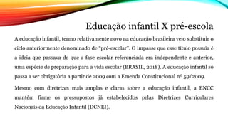Educação infantil X pré-escola
A educação infantil, termo relativamente novo na educação brasileira veio substituir o
ciclo anteriormente denominado de “pré-escolar”. O impasse que esse título possuía é
a ideia que passava de que a fase escolar referenciada era independente e anterior,
uma espécie de preparação para a vida escolar (BRASIL, 2018). A educação infantil só
passa a ser obrigatória a partir de 2009 com a Emenda Constitucional nº 59/2009.
Mesmo com diretrizes mais amplas e claras sobre a educação infantil, a BNCC
mantém firme os pressupostos já estabelecidos pelas Diretrizes Curriculares
Nacionais da Educação Infantil (DCNEI).
 