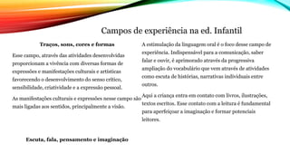 Campos de experiência na ed. Infantil
Traços, sons, cores e formas
Esse campo, através das atividades desenvolvidas
proporcionam a vivência com diversas formas de
expressões e manifestações culturais e artísticas
favorecendo o desenvolvimento do senso crítico,
sensibilidade, criatividade e a expressão pessoal.
As manifestações culturais e expressões nesse campo são
mais ligadas aos sentidos, principalmente a visão.
Escuta, fala, pensamento e imaginação
A estimulação da linguagem oral é o foco desse campo de
experiência. Indispensável para a comunicação, saber
falar e ouvir, é aprimorado através da progressiva
ampliação do vocabulário que vem através de atividades
como escuta de histórias, narrativas individuais entre
outros.
Aqui a criança entra em contato com livros, ilustrações,
textos escritos. Esse contato com a leitura é fundamental
para aperfeiçoar a imaginação e formar potenciais
leitores.
 