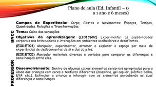 Plano de aula (Ed. Infantil – 0
a 1 ano e 6 meses)
BNCC
PROFESSOR
Campos de Experiência: Corpo, Gestos e Movimentos; Espaços, Tempos,
Quantidades, Relações e Transformações
Tema: Caixa das sensações
Objetivos da aprendizagem: (EI01CG02) Experimentar as possibilidades
corporais nas brincadeiras e interações em ambientes acolhedores e desafiantes.
(EI01ET04) Manipular, experimentar, arrumar e explorar o espaço por meio de
experiências de deslocamentos de si e dos objetos;
(EI01ET05) Manipular materiais diversos e variados para comparar as diferenças e
semelhanças entre eles.
Desenvolvimento: Dentro de algumas caixas elementos sensoriais apropriados para a
idade das crianças com cores e texturas diferentes (massinha, gel capilar, plástico bolha,
EVA etc.). Estimular a criança a interagir com os elementos percebendo as suas
diferenças e semelhanças.
 