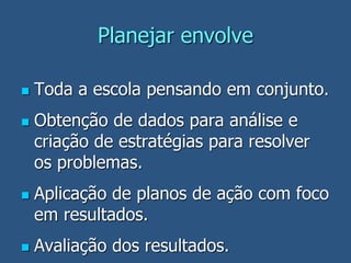 Planejar envolve
 Toda a escola pensando em conjunto.
 Obtenção de dados para análise e
criação de estratégias para resolver
os problemas.
 Aplicação de planos de ação com foco
em resultados.
 Avaliação dos resultados.
 