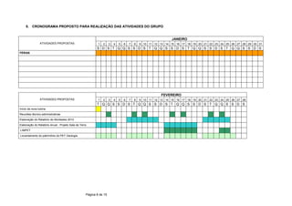 5. CRONOGRAMA PROPOSTO PARA REALIZAÇÃO DAS ATIVIDADES DO GRUPO


                                                                                                              JANEIRO
                 ATIVIDADES PROPOSTAS                       1   2    3   4   5   6   7   8   9 10 11 12 13 14 15 16 17 18 19 20 21 22 23 24 25 26 27 28 29 30 31
                                                           S D S T Q Q S S D S T Q Q S S D S T Q Q S S D S T Q Q S S D S
FÉRIAS




                                                                                                         FEVEREIRO
                 ATIVIDADES PROPOSTAS                       1   2    3   4   5   6   7   8   9 10 11 12 13 14 15 16 17 18 19 20 21 22 23 24 25 26 27 28
                                                           T Q Q S S D S T Q Q S S D S T Q Q S S D S T Q Q S S D S
Início da nova tutoria
Reuniões técnico-administrativas
Elaboração do Relatório de Atividades 2010
Elaboração do Relatório Anual - Projeto Sala da Terra
LIMPET
Levantamento do patrimônio do PET Geologia




                                                    Página 8 de 15
 