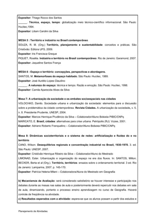 Expositor: Thiago Rocco dos Santos
______. Técnica, espaço, tempo: globalização meio técnico-científico informacional. São Paulo:
Hucitec,1994.
Expositor: Liliam Carolini da Silva


MESA 5 : Território e indústria no Brasil contemporâneo
SOUZA, R. M. (Org.) Território, planejamento e sustentabilidade: conceitos e práticas. São
Cristóvão: Editora UFS, 2009.
Expositor: Iris Francisca Greque
PIQUET, Rosélia. Indústria e território no Brasil contemporâneo. Rio de Janeiro: Garamond, 2007.
Expositor: Jaqueline Santos França


MESA 6 : Espaço e território: concepções, perspectivas e abordagens.
SANTOS, M. Metamorfoses do espaço habitado. São Paulo: Hucitec, 1989.
Expositor: José Aurélio Lopes Claudino
______. A natureza do espaço: técnica e tempo. Razão e emoção. São Paulo: Hucitec, 1996.
Expositor: Camila Aparecida Alves da Silva


Mesa 7: A urbanização da sociedade e os embates socioespaciais nas cidades
VOLOCHKO, Danilo. Sociedade urbana e urbanização da sociedade: elementos para a discussão
sobre a problemática da cidade contemporânea. Revista Cidades. A urbanização da sociedade, v. 5,
n. 8. Presidente Prudente, UNESP, 2004.
Expositor: Marcos Henrique Prudêncio da Silva – Colaborador/Aluno Bolsista PIBIC/CNPq
MARICATO, E. Brasil, cidades: alternativas para crise urbana. Petrópolis (RJ): Vozes, 2001.
Expositor: Adriano Roberto Franquelino – Colaborador/Aluno Bolsista PIBIC/CNPq


Mesa 8: Dinâmicas socioterritoriais e o sistema de redes: artificialização e fluidez do e no
território
CANO, Wilson. Desequilíbrios regionais e concentração industrial no Brasil, 1930-1970. 3. ed.
São Paulo: UNESP, 2007.
Expositor: Cristóvão Henrique Ribeiro da Silva – Colaborador/Aluno do Mestrado
LIMONAD, Ester. Urbanização e organização do espaço na era dos fluxos. In: SANTOS, Milton;
BECKER, Berta et al (Org.). Território, territórios: ensaios sobre o ordenamento territorial. 3 ed. Rio
de Janeiro: Lamparina, 2007. p. 145-170.
Expositor: Patrícia Helena Milani – Colaboradora/Aluna do Mestrado em Geografia


b) Mecanismos de Avaliação: será considerado satisfatório se houver interesse e participação nos
debates durante as mesas nas salas de aula e posteriormente deverá repercutir nos debates em sala
de aula, dinamizando, portanto o processo ensino aprendizagem no curso de Geografia. Haverá
controle de freqüência na atividade.
c) Resultados esperados com a atividade: espera-se que os alunos possam a partir dos estudos e



Planejamento de Atividades
 