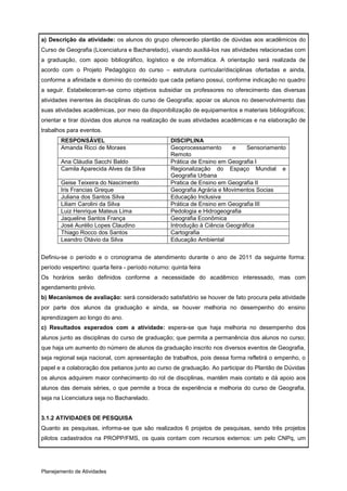 a) Descrição da atividade: os alunos do grupo oferecerão plantão de dúvidas aos acadêmicos do
Curso de Geografia (Licenciatura e Bacharelado), visando auxiliá-los nas atividades relacionadas com
a graduação, com apoio bibliográfico, logístico e de informática. A orientação será realizada de
acordo com o Projeto Pedagógico do curso – estrutura curricular/disciplinas ofertadas e ainda,
conforme a afinidade e domínio do conteúdo que cada petiano possui, conforme indicação no quadro
a seguir. Estabeleceram-se como objetivos subsidiar os professores no oferecimento das diversas
atividades inerentes às disciplinas do curso de Geografia; apoiar os alunos no desenvolvimento das
suas atividades acadêmicas, por meio da disponibilização de equipamentos e materiais bibliográficos;
orientar e tirar dúvidas dos alunos na realização de suas atividades acadêmicas e na elaboração de
trabalhos para eventos.
       RESPONSÁVEL                                  DISCIPLINA
       Amanda Ricci de Moraes                       Geoprocessamento       e    Sensoriamento
                                                    Remoto
       Ana Cláudia Sacchi Baldo                     Prática de Ensino em Geografia I
       Camila Aparecida Alves da Silva              Regionalização do Espaço Mundial e
                                                    Geografia Urbana
       Geise Teixeira do Nascimento                 Pratica de Ensino em Geografia II
       Iris Francias Greque                         Geografia Agrária e Movimentos Socias
       Juliana dos Santos Silva                     Educação Inclusiva
       Liliam Carolini da Silva                     Prática de Ensino em Geografia III
       Luiz Henrique Mateus Lima                    Pedologia e Hidrogeografia
       Jaqueline Santos França                      Geografia Econômica
       José Aurélio Lopes Claudino                  Introdução à Ciência Geográfica
       Thiago Rocco dos Santos                      Cartografia
       Leandro Otávio da Silva                      Educação Ambiental


Definiu-se o período e o cronograma de atendimento durante o ano de 2011 da seguinte forma:
período vespertino: quarta feira - período noturno: quinta feira
Os horários serão definidos conforme a necessidade do acadêmico interessado, mas com
agendamento prévio.
b) Mecanismos de avaliação: será considerado satisfatório se houver de fato procura pela atividade
por parte dos alunos da graduação e ainda, se houver melhoria no desempenho do ensino
aprendizagem ao longo do ano.
c) Resultados esperados com a atividade: espera-se que haja melhoria no desempenho dos
alunos junto as disciplinas do curso de graduação; que permita a permanência dos alunos no curso;
que haja um aumento do número de alunos da graduação inscrito nos diversos eventos de Geografia,
seja regional seja nacional, com apresentação de trabalhos, pois dessa forma refletirá o empenho, o
papel e a colaboração dos petianos junto ao curso de graduação. Ao participar do Plantão de Dúvidas
os alunos adquirem maior conhecimento do rol de disciplinas, mantêm mais contato e dá apoio aos
alunos das demais séries, o que permite a troca de experiência e melhoria do curso de Geografia,
seja na Licenciatura seja no Bacharelado.


3.1.2 ATIVIDADES DE PESQUISA
Quanto as pesquisas, informa-se que são realizados 6 projetos de pesquisas, sendo três projetos
pilotos cadastrados na PROPP/FMS, os quais contam com recursos externos: um pelo CNPq, um




Planejamento de Atividades
 