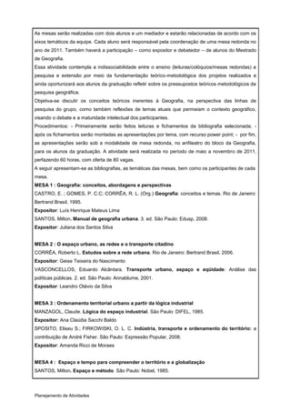 As mesas serão realizadas com dois alunos e um mediador e estarão relacionadas de acordo com os
eixos temáticos da equipe. Cada aluno será responsável pela coordenação de uma mesa redonda no
ano de 2011. Também haverá a participação – como expositor e debatedor – de alunos do Mestrado
de Geografia.
Essa atividade contempla a indissociabilidade entre o ensino (leituras/colóquios/mesas redondas) a
pesquisa e extensão por meio da fundamentação teórico-metodológica dos projetos realizados e
ainda oportunizará aos alunos da graduação refletir sobre os pressupostos teóricos metodológicos da
pesquisa geográfica.
Objetiva-se discutir os conceitos teóricos inerentes à Geografia, na perspectiva das linhas de
pesquisa do grupo, como também reflexões de temas atuais que permeiam o contexto geográfico,
visando o debate e a maturidade intelectual dos participantes.
Procedimentos: - Primeiramente serão feitos leituras e fichamentos da bibliografia selecionada; -
após os fichamentos serão montadas as apresentações por tema, com recurso power point; - por fim,
as apresentações serão sob a modalidade de mesa redonda, no anfiteatro do bloco da Geografia,
para os alunos da graduação. A atividade será realizada no período de maio a novembro de 2011,
perfazendo 60 horas, com oferta de 80 vagas.
A seguir apresentam-se as bibliografias, as temáticas das mesas, bem como os participantes de cada
mesa.
MESA 1 : Geografia: conceitos, abordagens e perspectivas
CASTRO, E. ; GOMES, P. C.C; CORRÊA, R. L. (Org.) Geografia: conceitos e temas. Rio de Janeiro:
Bertrand Brasil, 1995.
Expositor: Luís Henrique Mateus Lima
SANTOS, Milton. Manual de geografia urbana. 3. ed. São Paulo: Edusp, 2008.
Expositor: Juliana dos Santos Silva


MESA 2 : O espaço urbano, as redes e o transporte citadino
CORRÊA, Roberto L. Estudos sobre a rede urbana. Rio de Janeiro: Bertrand Brasil, 2006.
Expositor: Geise Teixeira do Nascimento
VASCONCELLOS, Eduardo Alcântara. Transporte urbano, espaço e eqüidade: Análise das
políticas públicas. 2. ed. São Paulo: Annablume, 2001.
Expositor: Leandro Otávio da Silva


MESA 3 : Ordenamento territorial urbano a partir da lógica industrial
MANZAGOL, Claude. Lógica do espaço industrial. São Paulo: DIFEL, 1985.
Expositor: Ana Claúdia Sacchi Baldo
SPOSITO, Eliseu S.; FIRKOWISKI, O. L. C. Indústria, transporte e ordenamento do território: a
contribuição de André Fisher. São Paulo: Expressão Popular, 2008.
Expositor: Amanda Ricci de Moraes


MESA 4 : Espaço e tempo para compreender o território e a globalização
SANTOS, Milton. Espaço e método. São Paulo: Nobel, 1985.




Planejamento de Atividades
 