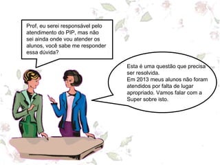 Prof, eu serei responsável pelo
atendimento do PIP, mas não
sei ainda onde vou atender os
alunos, você sabe me responder
essa dúvida?
Esta é uma questão que precisa
ser resolvida.
Em 2013 meus alunos não foram
atendidos por falta de lugar
apropriado. Vamos falar com a
Super sobre isto.
 