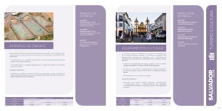 InCENTIVO AO ESPORTE
Esta iniciativa objetiva incentivar a prática esportiva na cidade e criar a infraestrutura
necessária para o desenvolvimento do esporte em suas diversas modalidades. Para
tanto prevê:
I) Construção de um complexo poliesportivo, de padrão internacional, dotado de
ginásio de esportes e piscinas.
II) Requalificação de quadras poliesportivas e campos de futebol nos diversos
bairros da cidade.
Resultados Esperados:
Diversificar e ampliar os atrativos turísticos do município, criando condições de
sediar competições de porte nacional e internacional e estimular a prática esportiva
para o fortalecimento da cidadania.
marcos de
Entrega
Jun/2014:
Requalificação de 20
quadras poliesportivas e 40
campos de futebol.
Jun/2015:
Requalificação de 20
quadras poliesportivas e 40
campos de futebol.
Jul/2016:
Conclusão das obras de
construção do Complexo
Poliesportivo.
R$ mil Fontes Próprias Fontes Externas Total
Custeio - - -
Investimento 8.000 36.000 44.000
Total 8.000 36.000 44.000
EQUIPAMENTOS CULTURAIS
A iniciativa objetiva a realização de projetos de requalificação
dos conteúdos artístico-culturais e de reformas estruturais dos
equipamentos culturais do município, com a finalidade de
dinamizar o circuito de lazer e entretenimento na cidade. As ações
incluem:
I) Obras de requalificação de espaços públicos, como o Teatro
Gregório de Mattos e o Centro Cultural da Barroquinha.
II) Obras de manutenção e atualização de projetos atualmente
em funcionamento, como a Casa de Benin e a Biblioteca Edgard
Santos.
III) Criação de um novo Museu da Cidade.
Resultados Esperados:
Devolução dos espaços públicos totalmente requalificados
e modernizados, para o desenvolvimento das atividades
socioeducativas, definidas nos projetos técnicos das respectivas
unidades.
marcos de
Entrega
Mar/2014:
Reinauguração do Espaço
Cultural Barroquinha.
Mar/2014:
Reabertura do Teatro
Gregório de Mattos.
Nov/2015:
Reestruturação do Arquivo
Histórico Municipal.
Set/2016:
Criação do Espaço Cultural
Cajazeiras.
SALVADORplanejamentoestratégico2013•2016
69
R$ mil Fontes Próprias Fontes Externas Total
Custeio 6.025 14.495 20.520
Investimento 8.780 14.580 23.360
Total 14.805 29.075 43.880
TURISMOECULTURA
 