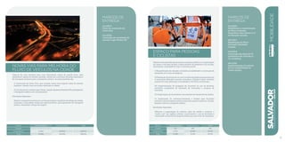 NOVAS VIAS PARA MELHORIA DO
FLUXO DE VEÍCULOS NA CIDADE
Trata-se de uma iniciativa para criar alternativas viárias de grande fluxo, para
desobstruir regiões de trânsito saturado, através da construção de pistas expressas e
de circulação exclusiva para o transporte coletivo. As ações previstas são:
I) Construção da Linha Viva, que consiste numa nova ligação viária de trânsito
expresso, criando mais um acesso rodoviário à cidade.
II) ConstruçãodocorredorLapa-Pituba-LigaçãoIguatemi/Paralela(LIP),privilegiando
o transporte coletivo com vias exclusivas.
Resultados Esperados:
Reduzir congestionamentos em um dos principais corredores de tráfego da cidade,
aumentar a velocidade média dos deslocamentos, principalmente do transporte
público, reduzindo o tempo de viagem.
marcos de
Entrega
Jun/2014:
Início da construção da
Linha Viva.
Jun/2016:
Conclusão da construção do
corredor Lapa-Pituba-LIP.
R$ mil Fontes Próprias Fontes Externas Total
Custeio - - -
Investimento 44.850 403.650 448.500
Total 44.850 403.650 448.500
ESPAÇO PARA PESSOAS
E CICLISTAS
Objetiva a recuperação de ascensores e passeios públicos e a implantação
de canais e vias para facilitar o deslocamento de pedestres e de ciclistas,
valorizando a qualidade de vida. A iniciativa prevê:
I) Requalificação de calçadas, incluindo acessibilidade e construção de
passarelas em locais estratégicos.
II) Realização de estudo de um novo modelo de gestão para permitir que
4 ascensores (Elevador Lacerda, Gonçalves, Calçada e Santo Antônio)
possam ter suas operações normalizadas e de forma ininterrupta.
III) Implementação de programa de incentivo ao uso de bicicleta,
incluindo campanhas de educação de motoristas e usuários de
bicicletas.
IV) Implantação de bicicletários nas estações de transbordo de ônibus.
V) Implantação de ciclovias/ciclofaixas e bolsões para bicicletas
próximos dos principais centros comerciais, pontos turísticos, escolas,
parques, teatros e transporte público.
Resultados Esperados:
Melhorar a organização do sistema viário da cidade e valorizar o
“modo a pé” nas regiões centrais, incentivando o uso de bicicletas e
valorizando os benefícios proporcionados por esse meio de transporte.
marcos de
Entrega
Dez/2013:
Reabilitação e modernização
do Plano Inclinado
Gonçalves e das cabines 1 e 2
do Elevador Lacerda.
Abr/2014:
Reabilitação do Plano
Inclinado Liberdade-
Calçada.
Dez/2014:
Conclusão das obras de 70
quilômetros de ciclovias e/
ou ciclofaixas.
Abr/2016:
Implementação do sistema
de via compartilhada no
Centro Antigo.
SALVADORplanejamentoestratégico2013•2016
81
R$ mil Fontes Próprias Fontes Externas Total
Custeio 152 648 800
Investimento 17.676 72.894 90.570
Total 17.828 73.542 91.370
Mobilidade
 