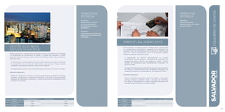 GESTÃO DOS BENS
IMÓVEIS MUNICIPAIS
Objetiva promover o cadastramento detalhado dos ativos imobiliários do município
e a implantação de instrumentos de gestão e controle que garantam o efetivo
gerenciamento dos terrenos e bens imóveis de Salvador. Assim, estão previstas as
seguintes ações:
I) Identificação e cadastramento de todos os bens imóveis municipais, realizando
o levantamento de uma base de dados sólida, como plantas e mapas, registro
fotográfico e georreferenciamento, entre outros subsídios.
II) Implantação de sistema informatizado de gestão dos bens imóveis do município.
Resultados Esperados:
Melhorar a eficiência e a eficácia na gestão do patrimônio imobiliário municipal,
otimizar a destinação do patrimônio imobiliário e da política de regularização
fundiária do município e aumentar a receita decorrente da alienação de bens
imóveis do município.
marcos DE
entrega
Jun/2014:
Implantação, via web,
de nova sistemática
de cobrança de foros e
laudêmios.
Dez/2014:
Implantação do sistema de
gestão dos bens imóveis do
município.
R$ mil Fontes Próprias Fontes Externas Total
Custeio 432 - 432
Investimento 3.384 - 3.384
Total 3.816 - 3.816
PREFEITURA ADIMPLENTE
Nesta iniciativa, os esforços estarão voltados para a regularização
e o cumprimento permanente e tempestivo das obrigações da
Prefeitura, tanto da administração direta quanto da indireta, para
torná-la e mantê-la adimplente junto às instituições públicas
federais e estaduais. Para tanto, prevê:
I) Implantação de sistemas informatizados de controle
permanente, visando garantir a adimplência do município nos
cadastros de todos os entes e, em especial no CAUC - Serviço
Auxiliar de Informações para Transferências Voluntárias, do
governo federal.
II) Capacitação das equipes responsáveis pela execução, prestação
de contas e controle interno das atividades alcançadas nos
cadastros de registros de inadimplência, em especial no CAUC.
Resultados Esperados:
Manter a Prefeitura adimplente junto aos órgãos e instituições
públicas federais e estaduais, evitar a inscrição do município
no CAUC e incrementar a receita municipal decorrente de
transferências voluntárias do governo federal.
marco DE
entrega
Ago/2013:
Regularização das
pendências do município
junto ao CAUC.
SALVADORplanejamentoestratégico2013•2016
125
Equilíbriodecontas
R$ mil Fontes Próprias Fontes Externas Total
Custeio - - -
Investimento - - -
Total - - -
 