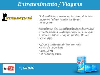 Entretenimento / Viagens

       O Mochileiros.com é a maior comunidade de
       viajantes independentes em língua
       portuguesa.

       Possui mais de 100 mil usuários cadastrados
       e recebe 600mil visitas por mês com mais de
       1 milhão e 700 mil páginas vistas. Online
       desde 1999.

       • 560mil visitantes únicos por mês
       • 2.1M de pageviews
       • 47% 18-34
       • 68% Até 34 anos
 