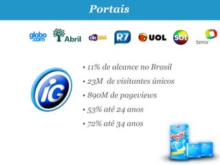 Portais




• 11% de alcance no Brasil
• 23M de visitantes únicos
• 890M de pageviews
• 53% até 24 anos
• 72% até 34 anos
 