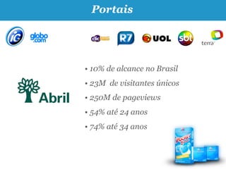 Portais




• 10% de alcance no Brasil
• 23M de visitantes únicos
• 250M de pageviews
• 54% até 24 anos
• 74% até 34 anos
 