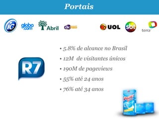 Portais




• 5.8% de alcance no Brasil
• 12M de visitantes únicos
• 190M de pageviews
• 55% até 24 anos
• 76% até 34 anos
 