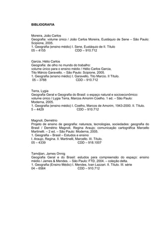 BIBLIOGRAFIA


Moreira, João Carlos
Geografia: volume único / João Carlos Moreira, Eustáquio de Sene – São Paulo:
Scipione, 2005.
1. Geografia (ensino médio) I. Sene, Eustáquio de II. Título
05 – 4155                      CDD – 910.712


Garcia, Hélio Carlos
Geografia: de olho no mundo do trabalho:
volume único para o ensino médio / Hélio Carlos Garcia,
Tito Márcio Garavello. – São Paulo: Scipione, 2005.
1. Geografia (ensino médio) I. Garavello, Tito Marcio. II Título.
 05 – 3788                      CDD – 910.712


Terra, Lygia
Geografia Geral e Geografia do Brasil: o espaço natural e socioeconômico:
volume único / Lygia Terra, Marcos Amorim Coelho. 1 ed. – São Paulo:
Moderna, 2005.
1. Geografia (ensino médio) I. Coelho, Marcos de Amorim, 1943-2000. II. Título.
5 – 4429                        CDD – 910.712


Magnoli, Demétrio
Projeto de ensino de geografia: natureza, tecnologias, sociedades: geografia do
Brasil / Demétrio Magnoli, Regina Araujo; comunicação cartográfica Marcello
Martinelli. – 2 ed. – São Paulo: Moderna, 2005.
1. Geografia – Brasil – Estudos e ensino
I. Araujo, Regina. II. Martinelli, Marcello. III. Título.
05 – 4339                           CDD – 918.1007


Tamdjian, James Onnig
Geografia Geral e do Brasil: estudos para compreensão do espaço: ensino
médio / James & Mendes. – São Paulo: FTD, 2004. – coleção delta.
1. Geografia (Ensino Médio) I. Mendes, Ivan Lazzari. II. Título. III. série
04 – 6564                       CDD – 910.712
 
