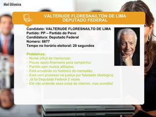 VALTERUDE FLORESNAILTON DE LIMA DEPUTADO FEDERAL Candidato: VALTERUDE FLORESNAILTO DE LIMA Partido: PP – Partido do Povo Candidatura: Deputado Federal Número: 6677 Tempo no horário eleitoral: 20 segundos Problemas: Nome difícil de memorizar; Pouco apoio financeiro para campanha; Partido sem muitos afiliados; Está envolvido no histórico do mensalão; Está com processo na justiça por falsidade ideológica; Já foi Deputado Federal 2 vezes Ele não entende essa coisa de internet, mas acredita! 