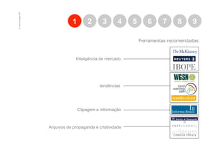 © marcio borges 2007
                                   1       2       3      4    5      6     7     8      9

                                                                   Ferramentas recomendadas:


                                    Inteligência de mercado




                                                 tendências




                                       Clipagem e informação



                       Arquivos de propaganda e criatividade
 