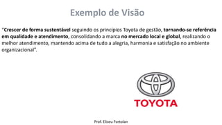 Prof. Eliseu Fortolan
Exemplo de Visão
“Crescer de forma sustentável seguindo os princípios Toyota de gestão, tornando-se referência
em qualidade e atendimento, consolidando a marca no mercado local e global, realizando o
melhor atendimento, mantendo acima de tudo a alegria, harmonia e satisfação no ambiente
organizacional”.
 