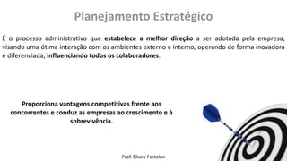 Prof. Eliseu Fortolan
Planejamento Estratégico
É o processo administrativo que estabelece a melhor direção a ser adotada pela empresa,
visando uma ótima interação com os ambientes externo e interno, operando de forma inovadora
e diferenciada, influenciando todos os colaboradores.
Proporciona vantagens competitivas frente aos
concorrentes e conduz as empresas ao crescimento e à
sobrevivência.
 