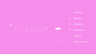 I. Introdução    
II. Aspirantes  
III. Estagiários  
IV. Assistentes  e  
Analistas  
V. Perguntas  Gerais
AGENDA.
 