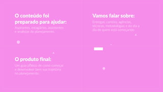 Aspirantes,  estagiários,  assistentes  
e  analistas  de  planejamento.
O  conteúdo  foi  
preparado  para  ajudar:
Um  guia  prático  de  como  começar  
e  desenvolver  bem  sua  trajetória  
no  planejamento.
O  produto  final:
Entregas,  carreira,  agências,  
técnicas,  metodologias  e  do  dia  a  
dia  de  quem  está  começando.
Vamos  falar  sobre:
 