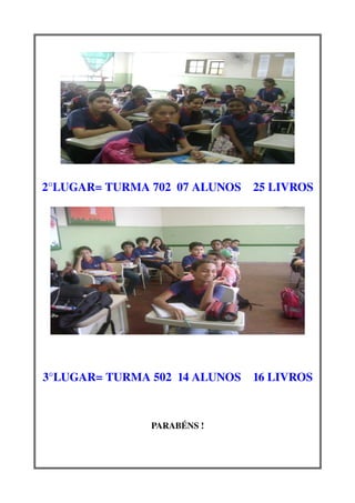 2°LUGAR= TURMA 702  07 ALUNOS    25 LIVROS




3°LUGAR= TURMA 502  14 ALUNOS    16 LIVROS


                PARABÉNS !
 