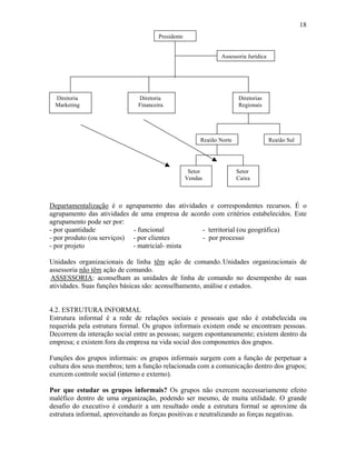 18
Diretoria
Marketing
Diretoria
Financeira
Diretorias
Regionais
Região SulRegião Norte
Setor
Vendas
Setor
Caixa
Assessoria Jurídica
Presidente
Departamentalização é o agrupamento das atividades e correspondentes recursos. É o
agrupamento das atividades de uma empresa de acordo com critérios estabelecidos. Este
agrupamento pode ser por:
- por quantidade - funcional - territorial (ou geográfica)
- por produto (ou serviços) - por clientes - por processo
- por projeto - matricial- mista
Unidades organizacionais de linha têm ação de comando. Unidades organizacionais de
assessoria não têm ação de comando.
ASSESSORIA: aconselham as unidades de linha de comando no desempenho de suas
atividades. Suas funções básicas são: aconselhamento, análise e estudos.
4.2. ESTRUTURA INFORMAL
Estrutura informal é a rede de relações sociais e pessoais que não é estabelecida ou
requerida pela estrutura formal. Os grupos informais existem onde se encontram pessoas.
Decorrem da interação social entre as pessoas; surgem espontaneamente; existem dentro da
empresa; e existem fora da empresa na vida social dos componentes dos grupos.
Funções dos grupos informais: os grupos informais surgem com a função de perpetuar a
cultura dos seus membros; tem a função relacionada com a comunicação dentro dos grupos;
exercem controle social (interno e externo).
Por que estudar os grupos informais? Os grupos não exercem necessariamente efeito
maléfico dentro de uma organização, podendo ser mesmo, de muita utilidade. O grande
desafio do executivo é conduzir a um resultado onde a estrutura formal se aproxime da
estrutura informal, aproveitando as forças positivas e neutralizando as forças negativas.
 