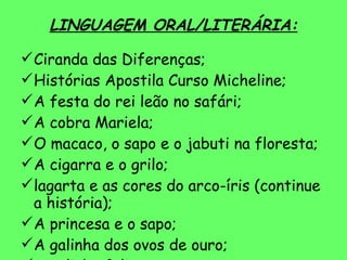 LINGUAGEM ORAL/LITERÁRIA: Ciranda das Diferenças; Histórias Apostila Curso Micheline; A festa do rei leão no safári; A cobra Mariela; O macaco, o sapo e o jabuti na floresta; A cigarra e o grilo; lagarta e as cores do arco-íris (continue a história); A princesa e o sapo; A galinha dos ovos de ouro; A galinha feliz; 