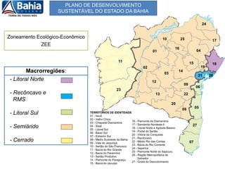 - Litoral Norte
- Recôncavo e
RMS
- Litoral Sul
- Semiárido
- Cerrado
PLANO DE DESENVOLVIMENTO
SUSTENTÁVEL DO ESTADO DA BAHIA
01
19
04
24
10 17
14
15
16
25
03
02
11
23
13
12
20
08
07
27
05
06
21 26
18
09
22
TERRITÓRIOS DE IDENTIDADE
01 - Irecê
02 - Velho Chico
03 - Chapada Diamantina
04 - Sisal
05 - Litoral Sul
06 - Baixo Sul
07 - Extremo Sul
08 - Médio Sudoeste da Bahia
09 - Vale do Jequiriçá
10 - Sertão do São Francisco
11 - Bacia do Rio Grande
12 - Bacia do Paramirim
13 - Sertão Produtivo
14 - Piemonte do Paraguaçu
15 - Bacia do Jacuípe
16 - Piemonte da Diamantina
17 - Semiárido Nordeste ll
18 - Litoral Norte e Agreste Baiano
19 - Portal do Sertão
20 - Vitória da Conquista
21 - Recôncavo
22 - Médio Rio das Contas
23 - Bacia do Rio Corrente
24 - Itaparica
25 - Piemonte Norte do Itapicuru
26 - Região Metropolitana de
Salvador
27 - Costa do Descobrimento
Macrorregiões:
Zoneamento Ecológico-Econômico
ZEE
 
